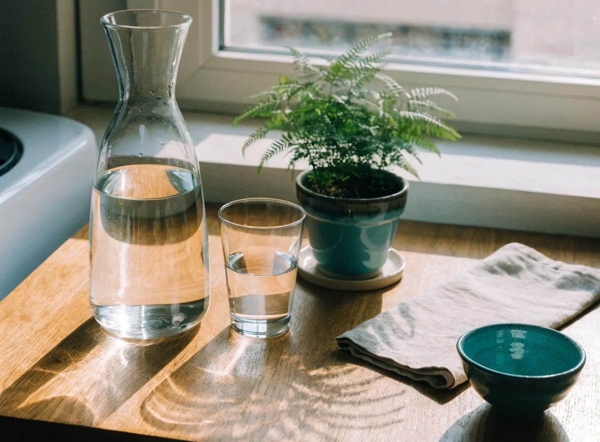 A tidy kitchen counter by a bright window: a carafe of water, a drinking glass, a small potted fern, a folded linen napkin, and a teal ceramic bowl in warm morning light.