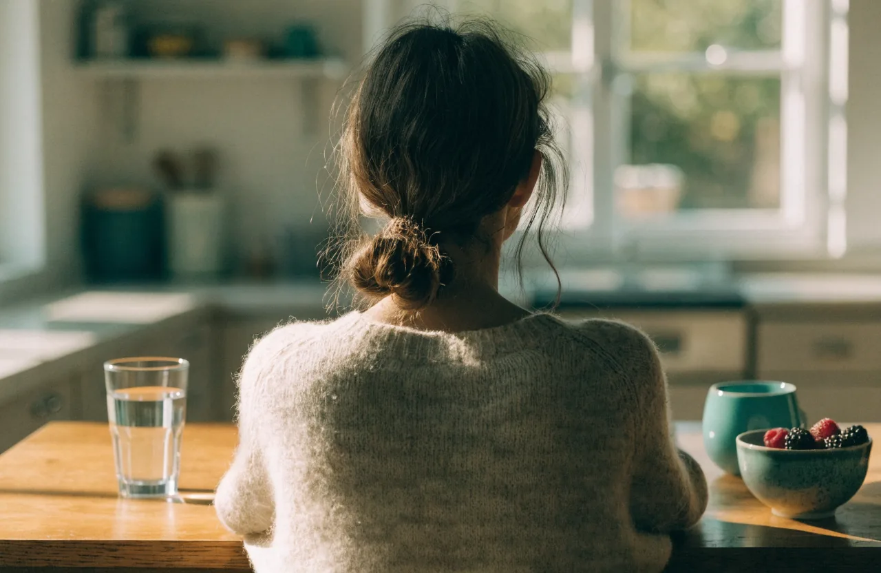 A person in a knit sweater sits with their back turned at a wooden kitchen table in morning light, beside a glass of water, a teal mug, and a small bowl of berries.