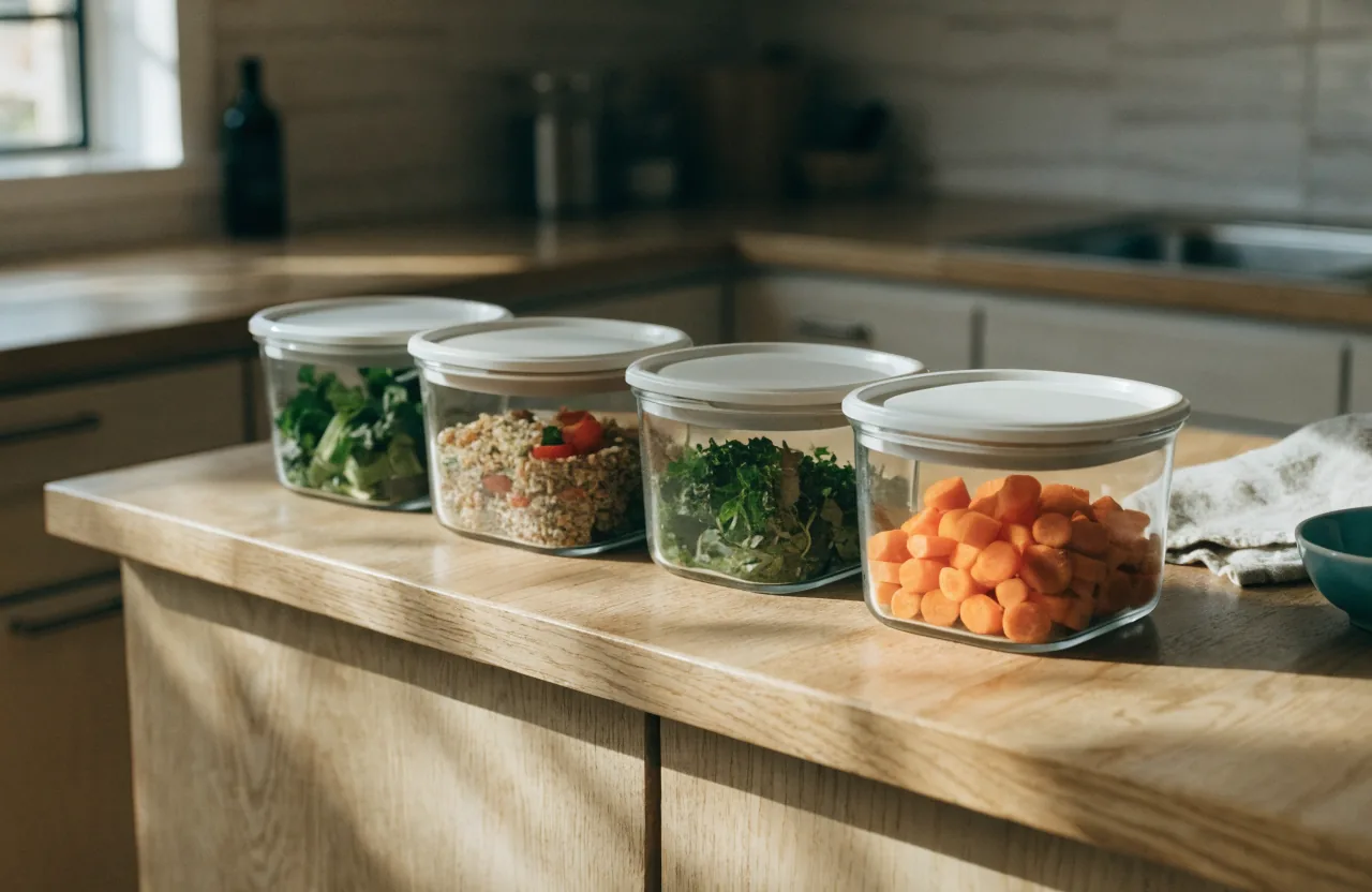 Four lidded glass containers of prepped vegetables and grains lined up on a wooden kitchen counter in morning light, a folded linen cloth and a small teal bowl beside them.