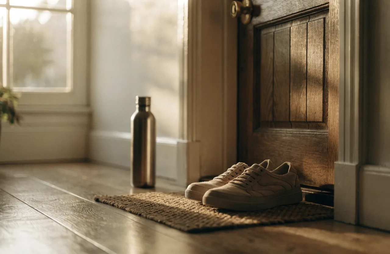 A pair of plain walking sneakers on a woven doormat by a front door in early morning light, a steel water bottle beside the door frame.